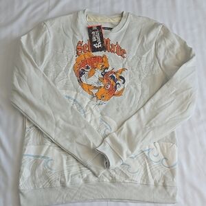 Blind Rooster White Crewneck Sweater with Bold Graphic Design
